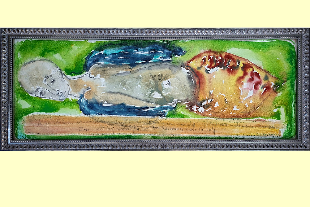 Compassion incl. frame 120x42 cm watercolor on canvas